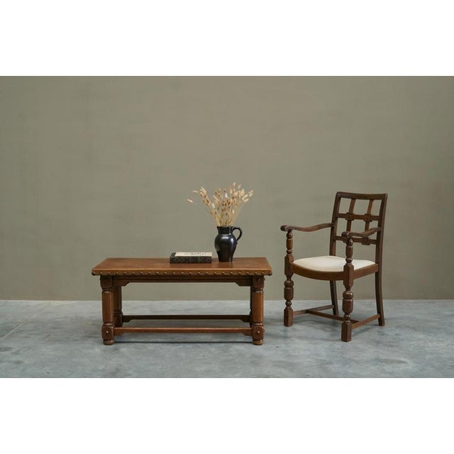 Mid-Century Spanish Coffee Table in Oak and Patinated Leather, 1940s For Sale - Image 4 of 12