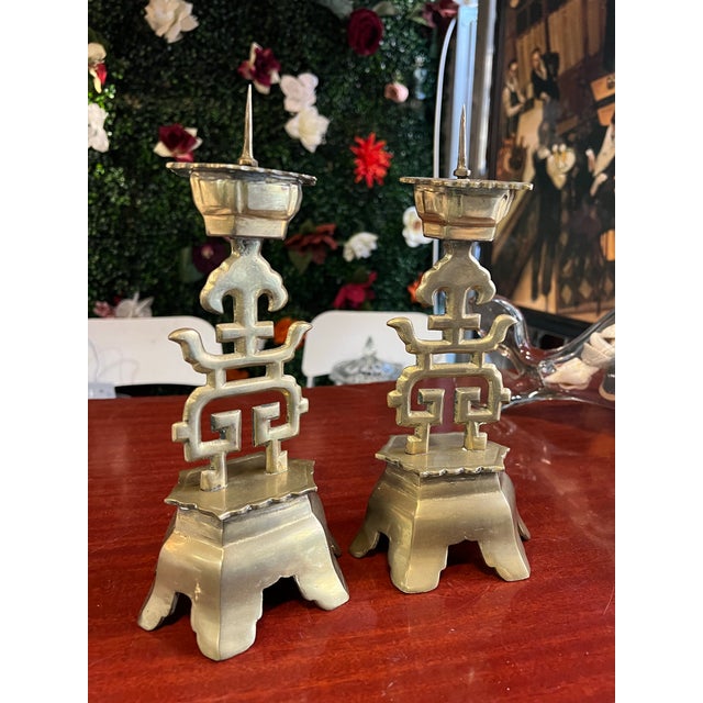 1970s 1970s Solid Brass Heavy Chinoiserie Pair of Candle Holders For Sale - Image 5 of 5