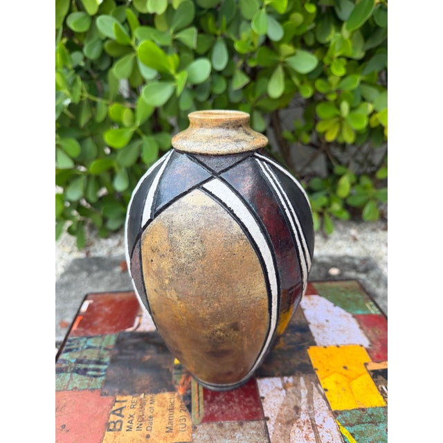 Late 20th Century Vintage Signed Raku Studio Pottery Vase With Iridescent Geometric Design, 10” For Sale - Image 5 of 11