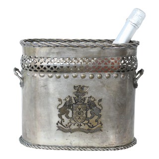 English Antique Engraved Armorial Crest Silver Plated/Brass Wine and Ice Holder For Sale
