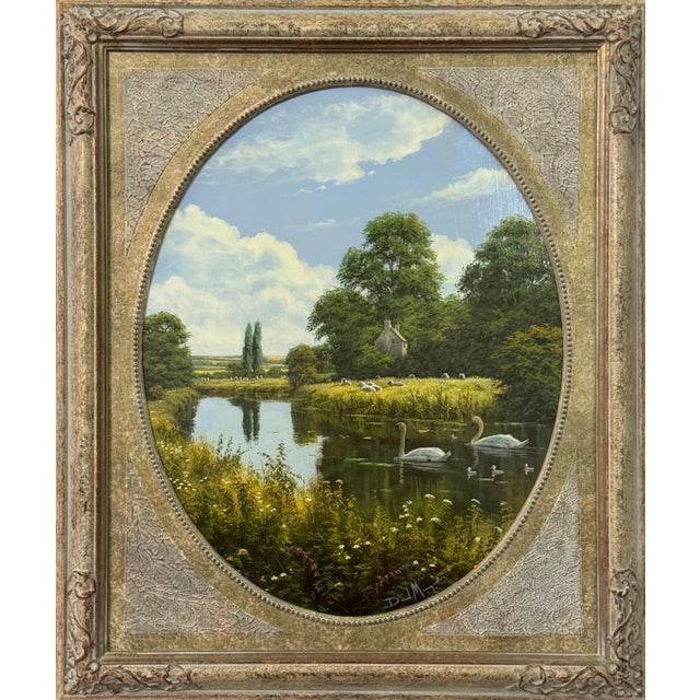 Pair - Ornately framed Oval English River Flower Scenes with Swans, Cows, Sheep 1990 (Circa) For Sale - Image 10 of 16