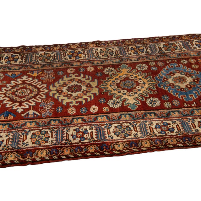 Red Antique Serapi Persian Handmade Multi Medallion Motif Wool Runner For Sale - Image 9 of 12