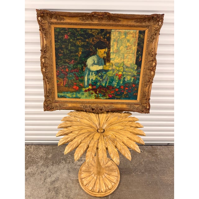 1961 American Donal Purdy Modernist Composition of a Female Figure in a Vibrant Garden Setting Frame Oil Art on Masonite. For Sale - Image 9 of 10