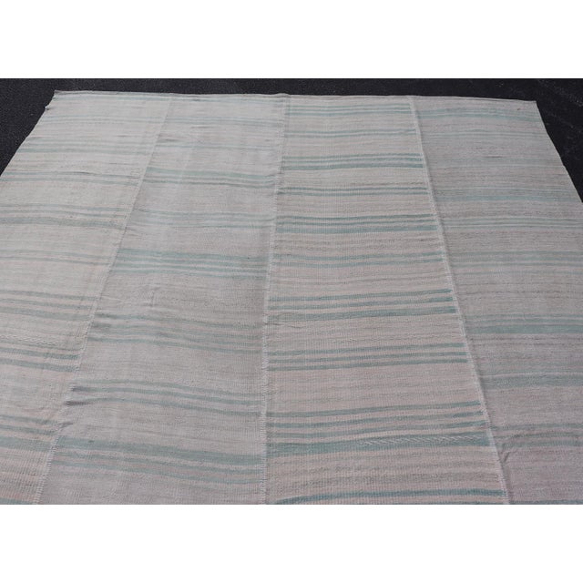 Tribal Vintage Turkish Kilim Rug With Soft Aqua, Misty Gray, and Faded Stone Stripes For Sale - Image 3 of 13