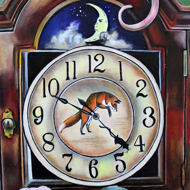 Timeless Dreamer by Claudia Griesbach-Martucci | Oil on Artefex Mouse on a clock with a rose and ribbon. For Sale - Image 4 of 5