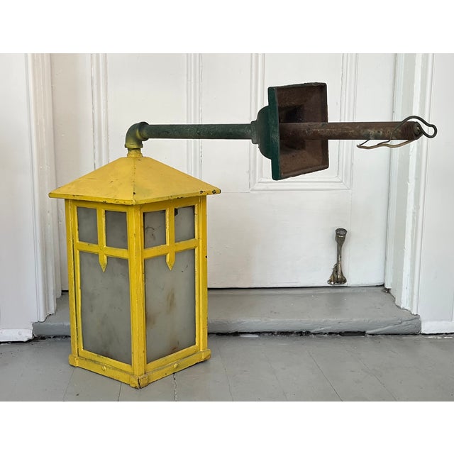 Yellow Antique Early 20th C. Aesthetic Movement Mission or Mackintosh Style Outside Iron Wall Lanterns - A Pair For Sale - Image 8 of 18