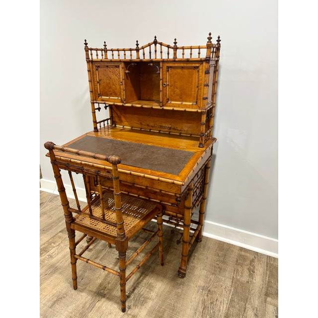 Late 20th Century Aesthetic Movement Faux Bamboo Bird's-Eye Maple Secretary Desk & Original Chair Attributed to r.j. Horner For Sale - Image 14 of 17