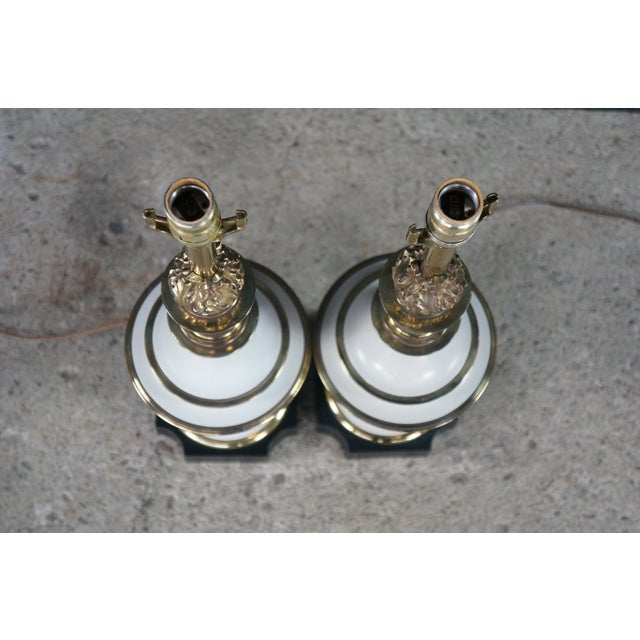 Mid 20th Century Mid 20th Century Stiffel Hollywood Regency Empire White Enamel & Brass Buffet Table Lamps - Pair For Sale - Image 5 of 18