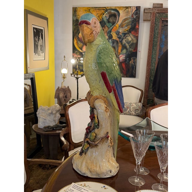 Figurative Majolica Earthenware Large Parrot Sculpture Hand Painted For Sale - Image 3 of 11