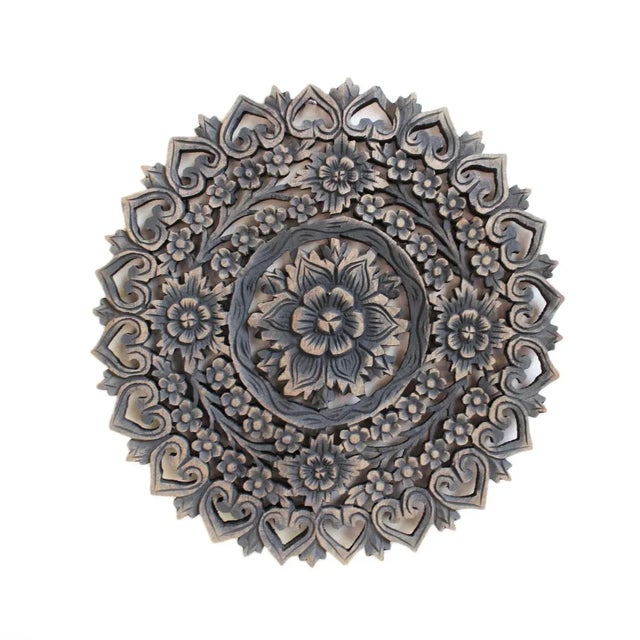 Indian Vintage Antique Burn Carved Medallion Boho Wall Panel 18" For Sale - Image 3 of 3