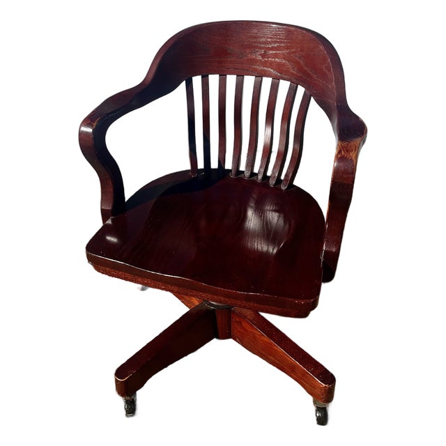 Oak Banker's Office Arm Chair Walnut Stained on Casters For Sale