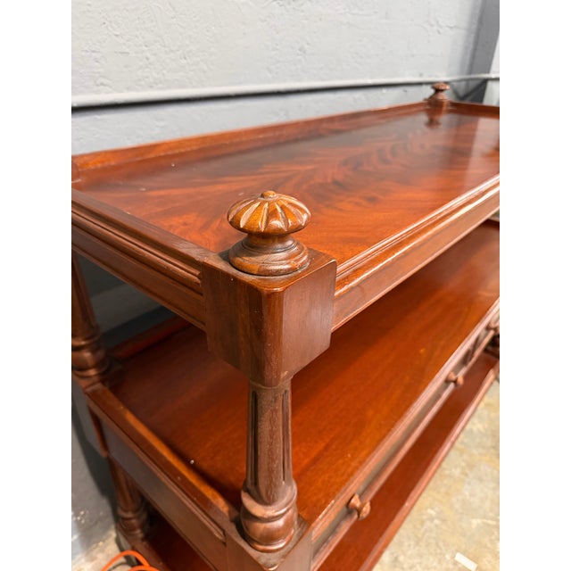Vintage antique-style mahogany buffet table/trolley, traditional two drawer étagère server with wheels. British Colonial...