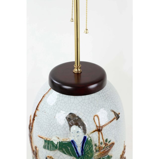 Mid 19 Century , Double Bulb Pull Switch White Crackle Glazed Relief Figures Lamp For Sale In New York - Image 6 of 9