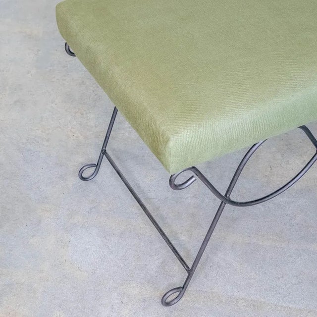 Not Yet Made - Made To Order Iron Double Loop Bench, Green Linen For Sale - Image 5 of 8