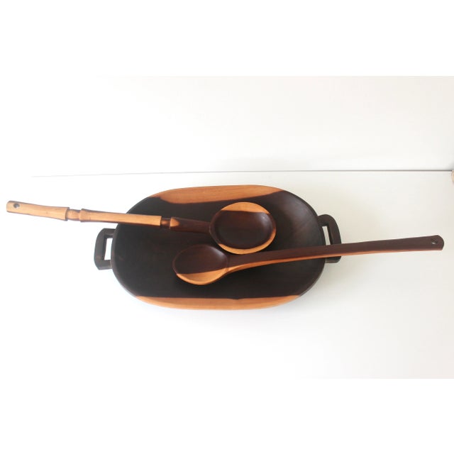 Rustic European 1970s Carved Exotic Wood Serving Dish With 2 Spoons Salad Bowl For Sale - Image 3 of 11
