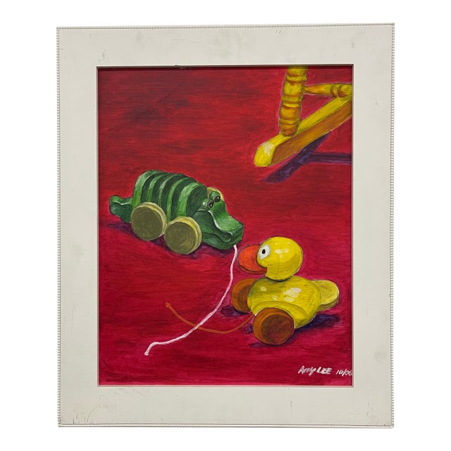 Vintage Painting of Pull Toys by Amy Lee, 2006 - Original on Canvas, Framed For Sale