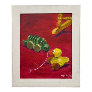 Vintage Painting of Pull Toys by Amy Lee, 2006 - Original on Canvas, Framed