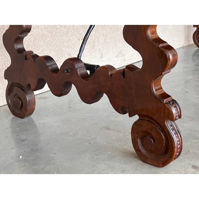 20th Century Spanish Baroque Carved Walnut Lyre Legs Trestle Dining Farm Table For Sale In Miami - Image 6 of 12
