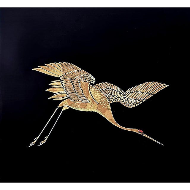 Plastic Mid 20th Century Japanese Maki Style Black Lacquer Effect Resin Two Trays Gold Painted Cranes - Set of 2 For Sale - Image 7 of 12