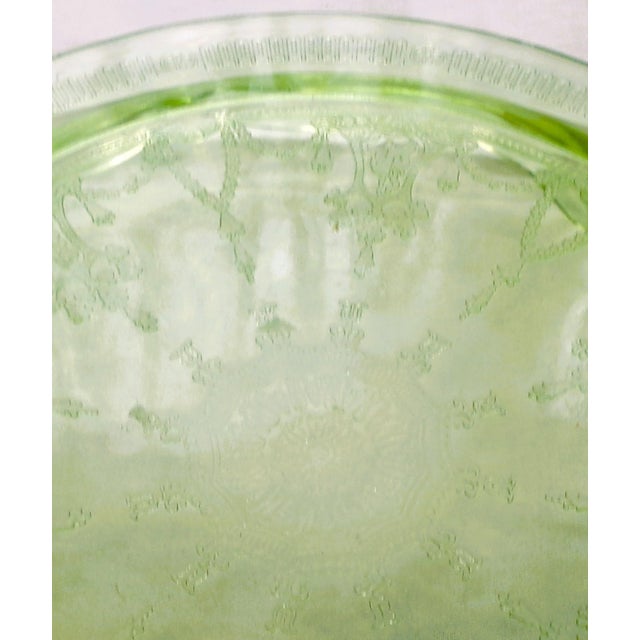 Art Nouveau 1930s Green Anchor Hocking Embossed Floral Vasoline Depression Cameo Cake Plate (Glows)) For Sale - Image 3 of 6