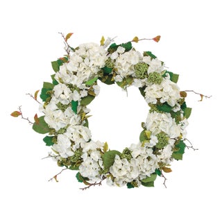 Hydrangea and Seedum Floral Wreath 32"D For Sale