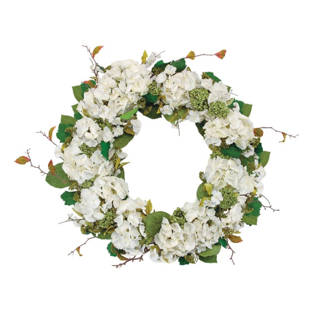Hydrangea and Seedum Floral Wreath 32"D For Sale