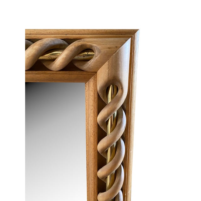 Wood Mid-Century Mirror With Open Twist Braided Wood and Brass Inlay, Made in Italy For Sale - Image 7 of 11