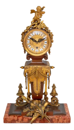 French Patinated Bronze and Marble Mantel Clock