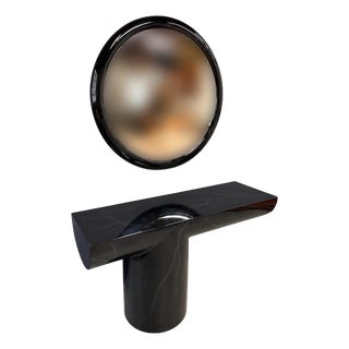 1980s J. Wade Beam Postmodern Black Marbleized Console Table W/Matching Round Mirror, Attributed For Sale