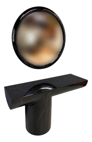 1980s J. Wade Beam Postmodern Black Marbleized Console Table W/Matching Round Mirror, Attributed