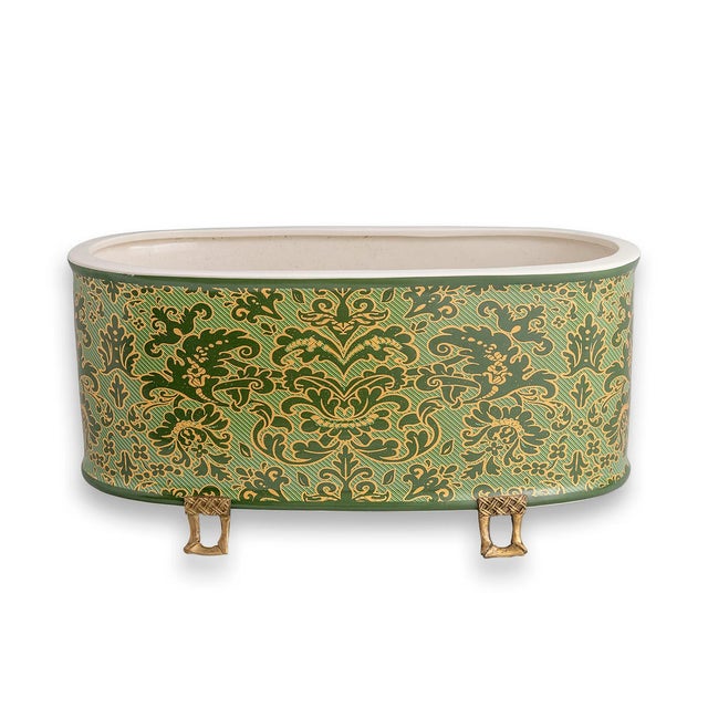 Ceramic Williamsburg for Port 68 Richmond Damask Green Oval Planter For Sale - Image 7 of 7