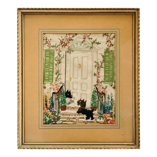 Mid-Century Vintage Embroidered 'Scotties at the Door' Framed Artwork For Sale