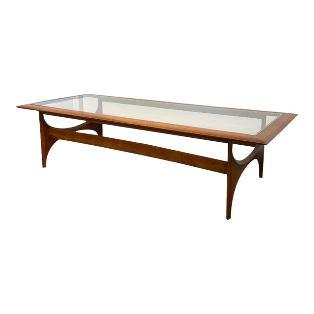 Vintage Mid Century Modern Walnut and Glass Coffee Table by Lane Furniture For Sale