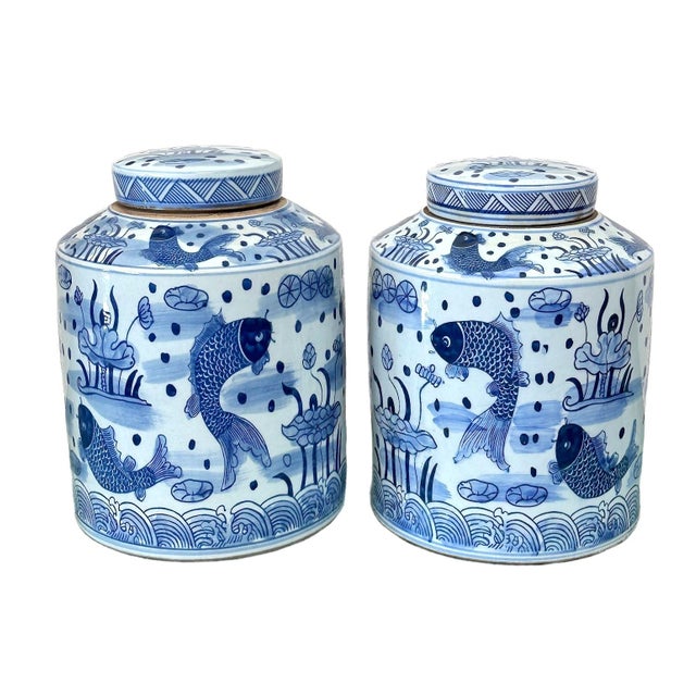 Contemporary Chinoiserie Costal Porcelain Blue & White Tea Jars- a Pair For Sale In Houston - Image 6 of 6