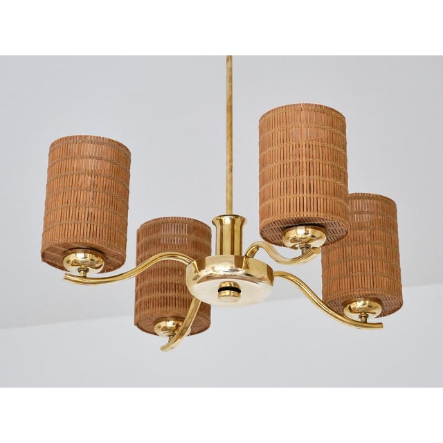 1930s Vintage Four-Arm Brass Chandelier by Paavo Tynell for Oy Taito Ab, 1930s For Sale - Image 5 of 13