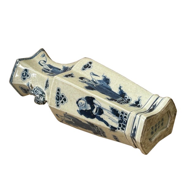 Vintage Rhombus Shape Blue White Eight Immortal Graphic Porcelain Vase For Sale - Image 15 of 18