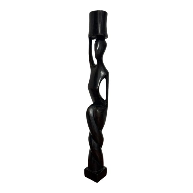 Vintage Hand-Carved Dark Wood Figural Candlestick, 12 Inch For Sale