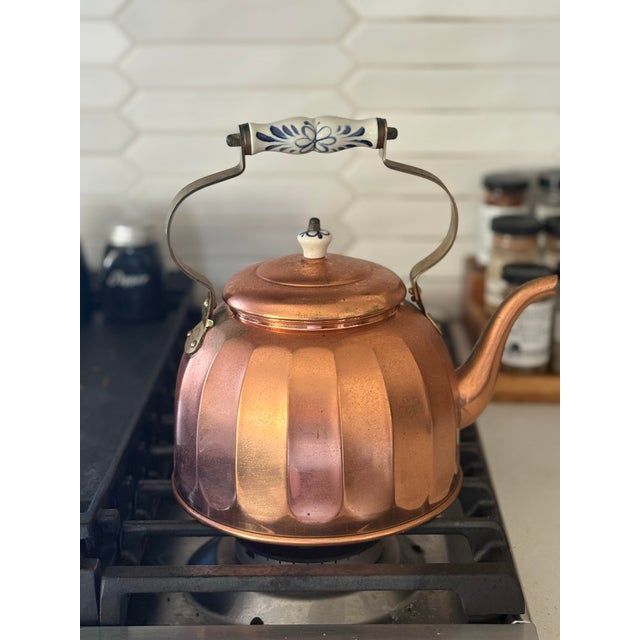 Mid-Century Modern Vintage Portuguese Copper Tea Kettle With Ceramic Handle | Ribbed Form, Original Label For Sale - Image 3 of 5