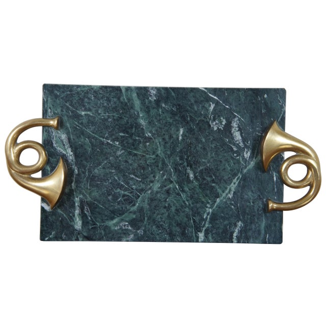 Mid-Century Modern Vintage Green Marble Brass French Horn Handle Cheese Serving Board Tray For Sale - Image 3 of 12