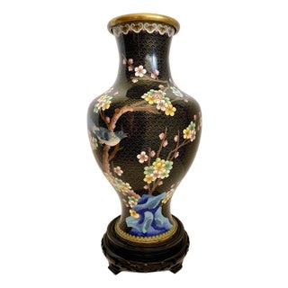 Vintage Chinese Cloisonné Enamel Vase With Cherry Blossoms, Bird & Butterfly For Sale