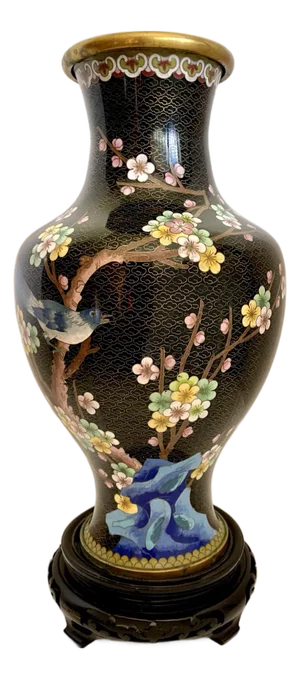 Vintage Chinese Cloisonné Enamel Vase With Cherry Blossoms, Bird & Butterfly