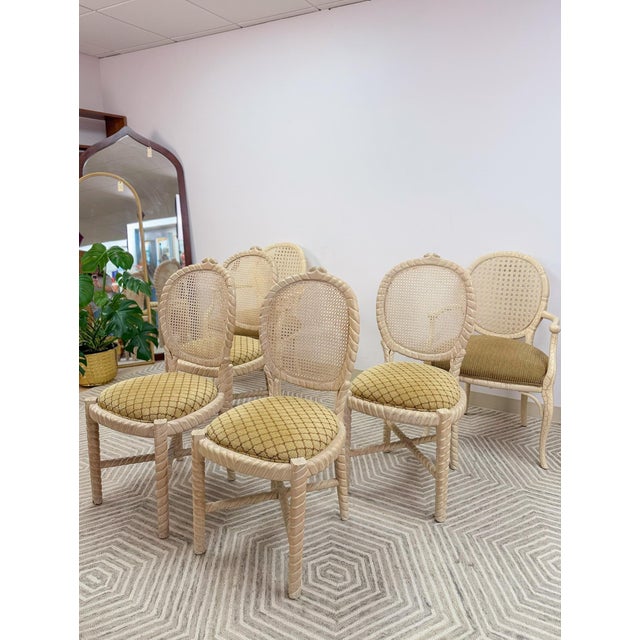 Set of 6 Vintage Cane Dining Chairs Coastal Chic W/ Captains Chairs Hollywood For Sale - Image 15 of 16