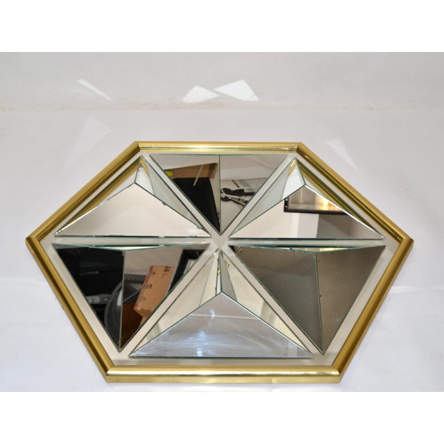 Wood Diamond Shaped Faceted Octagonal Wall Mirror Thayer Coggin by Milo Baughman Brass Plated 1976 For Sale - Image 7 of 13