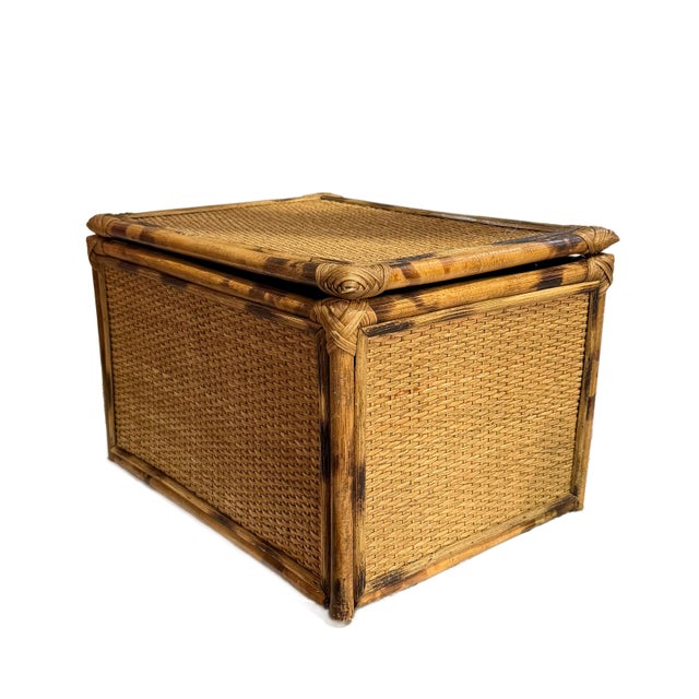 Boho Chic Vintage Tortoiseshell Bamboo and Rattan Storage Box For Sale - Image 3 of 14