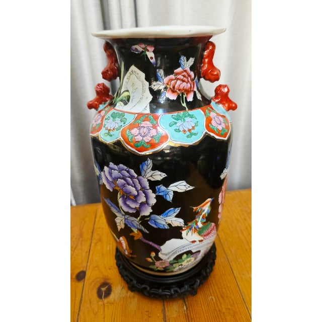 Vintage Chinese Famille Noire Porcelain Baluster Vase on Stand For Sale - Image 4 of 8