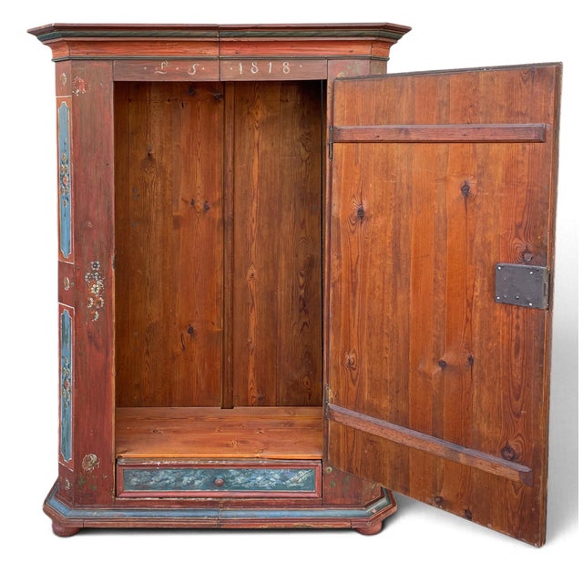 Antique Tyrolean Red Painted Wardrobe with Flowers, 1818 For Sale - Image 15 of 18