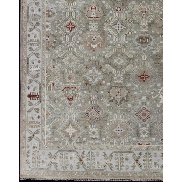 Indian Modern Oushak Muted Rug in Greens, Tan, Lt. Blue, and Rusty Red For Sale - Image 3 of 13