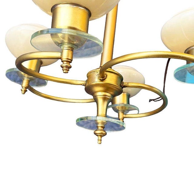 1930s Scandinavian Art Deco Brass Four-Light Chandelier W/ Opaline Glass Shades For Sale - Image 5 of 7