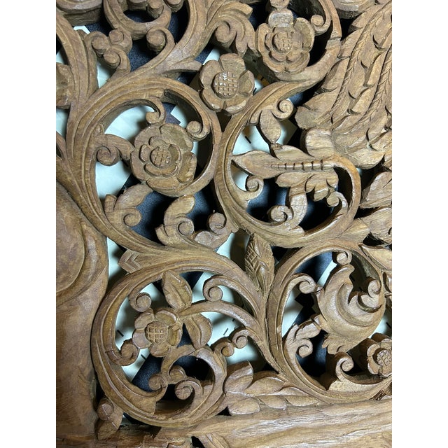 Hand-Carved Thai Teak Elephant & Rider Wall Panel With Floral Openwork, Large 36" For Sale In Boston - Image 6 of 13