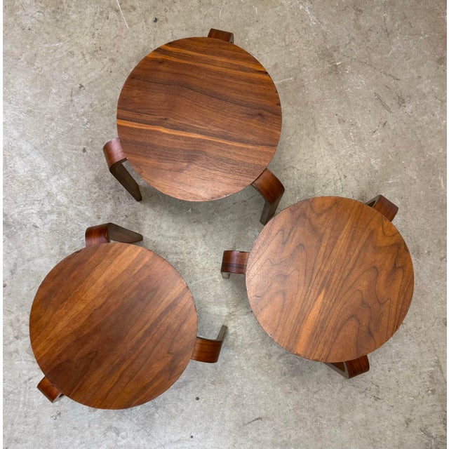 Brown Mid Century Modern Alvar Aalto Style Teak Stacking Stools Side Tables Restored—Set of 3 For Sale - Image 8 of 12